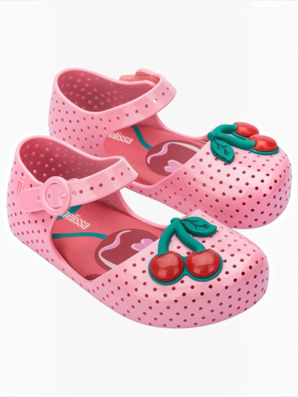Mini Melissa Furadinha Pop Pink Jelly Mary Jane Sandals with Red Cherry Accent
